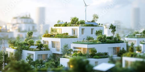 Innovative buildings designed with lush greenery on rooftops are nestled within a vibrant cityscape at sunset, exemplifying sustainable architecture and urban living photo