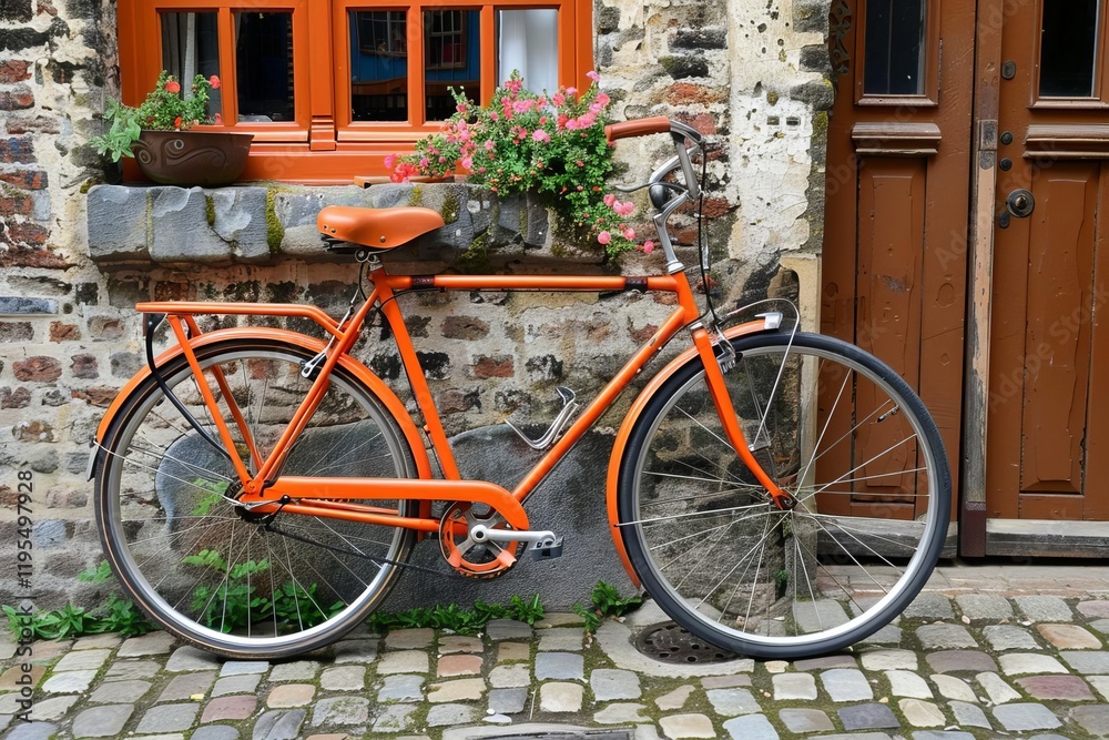 An orange bicycle parked against a rustic stone wall with a window and flowers. An orange bicycle parked against a rustic stone wall with a window and flowers.