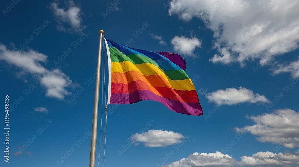Vibrant colorful rainbow LGBTQ pride flag waving in the blue sky with white clouds Vibrant colorful rainbow LGBTQ pride flag waving in the blue sky with white clouds