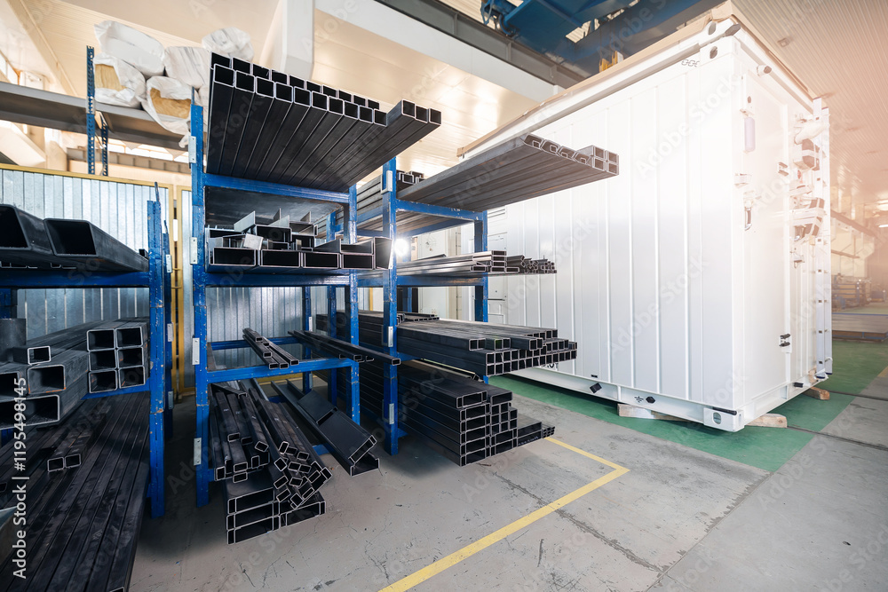 Industrial factory scene featuring metal storage shelves and equipment Industrial factory scene featuring metal storage shelves and equipment