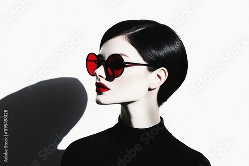 Woman with red sunglasses in high contrast fashion portrait