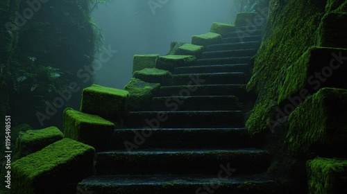 Moss-covered ancient staircase in mystical photo