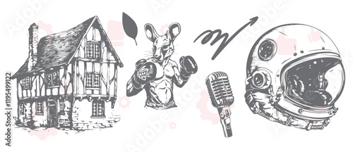 A cartoonish drawing of a man with a mustache and glasses. The drawing is filled with various objects, including a cup, a spoon, a cupcake, a cup, a bottle, a cupcake, a cupcake, a cupcake