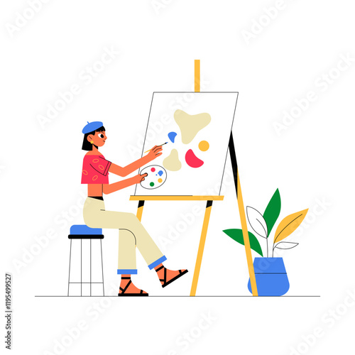 Female Artist Painting On Canvas In Flat Vector Illustration Symbolizing Creativity, Artistic Expression, And Inspiration, Isolated On White Background