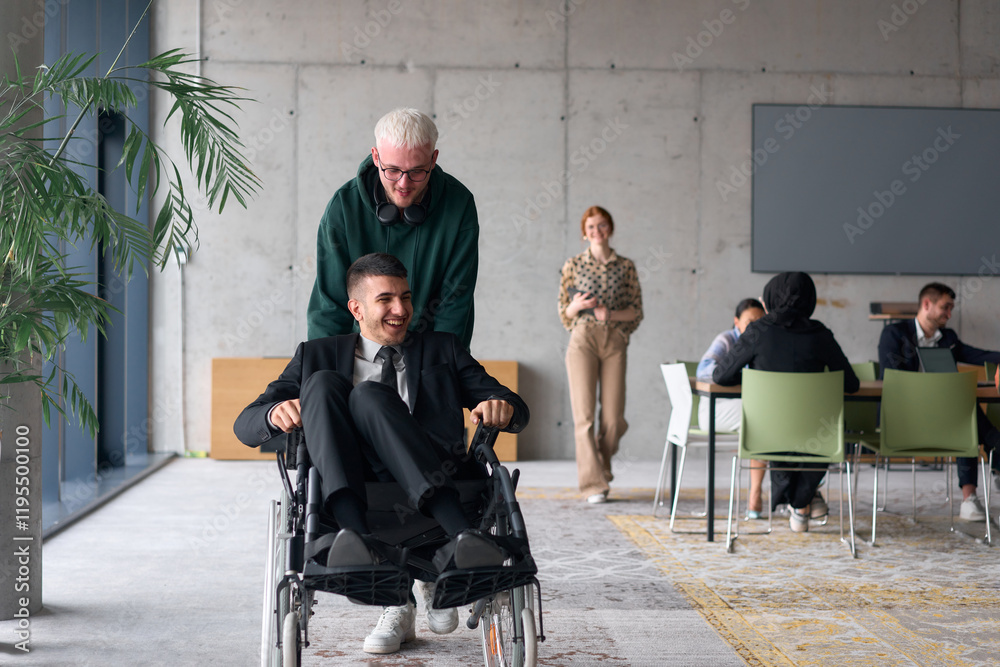 Obraz premium Employee Entertaining Director in a Wheelchair While Rolling Through the Office with Laughter and Joy.