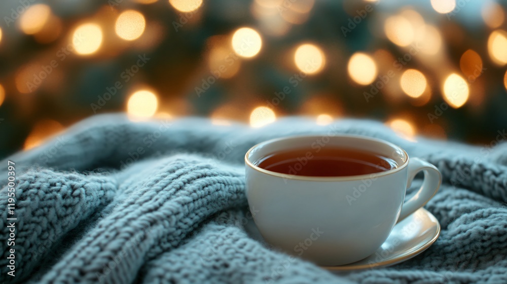 Cozy Winter Tea Cup on Knit Sweater with Bokeh Lights Cozy Winter Tea Cup on Knit Sweater with Bokeh Lights