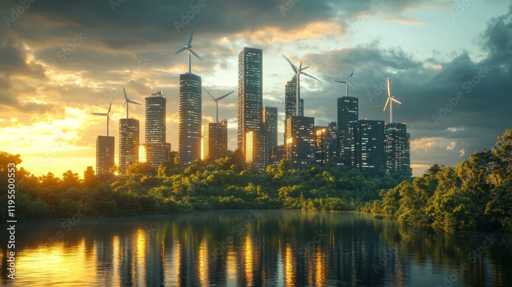 Fototapeta premium Futuristic Sustainable Skyline Wind Turbines and Solar-Powered Skyscrapers