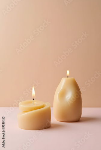 Wallpaper Mural Handcrafted olive wax candles in various shapes, burning against a duotone pastel background. Minimalist design, creating a cozy and modern atmosphere. Torontodigital.ca