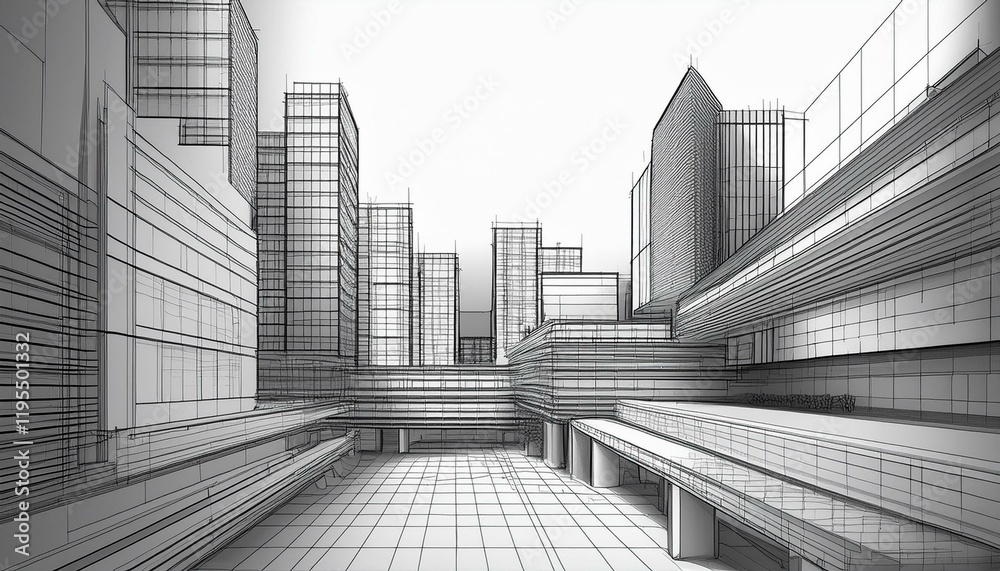 Fototapeta premium 3d illustration black and white architecture drawing modern architecture building decorative design abstract urban landscape