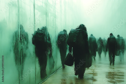  illustration of societal pressure, depicting human silhouettes burdened by heavy shapes and lines, symbolizing stress, conformity, and social expectations.