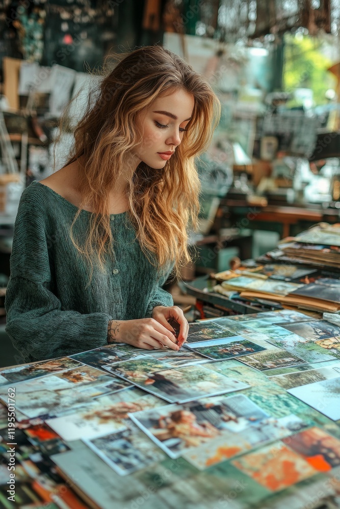 Fototapeta premium Caucasian Woman Crafting Collage in Artistic Workshop