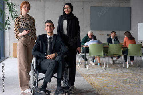 A diverse business team poses confidently, including a smiling director seated in a wheelchair, flanked by two professional female colleagues, one wearing a hijab and the other holding a tablet, in a photo