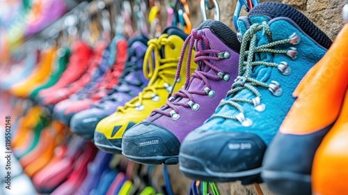 Colorful hiking boots hanging on wall. photo