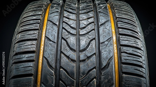 Close-up view of a worn tire tread with visible grooves and a yellow stripe. photo