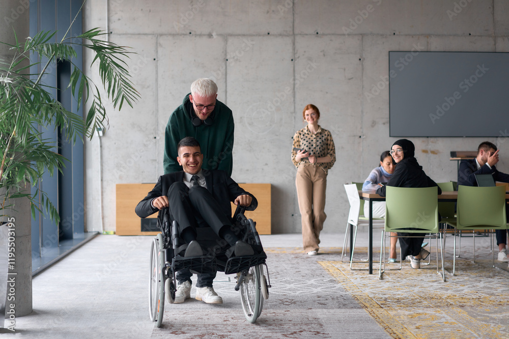 Obraz premium A diverse team of business colleagues, including a director in a wheelchair, engages in a collaborative discussion as they move together through a modern office space