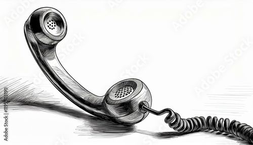 a hand drawn telephone receiver connected by a curled cord isolated on a white background sketch style illustration concept of communication or retro technology