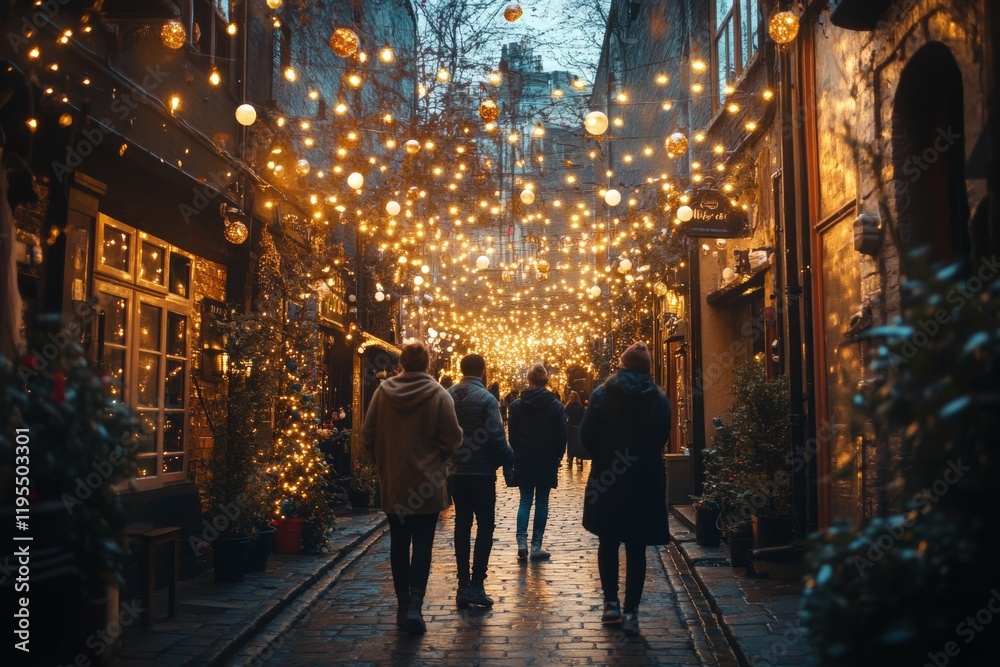 Urban Alleyway Celebration Young Adults Brainstorm Streetlight Decor under Festive Lights Urban Alleyway Celebration Young Adults Brainstorm Streetlight Decor under Festive Lights