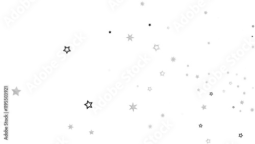A digital illustration of scattered silver stars on a black background. The stars are of different sizes and create a sparkly, glittering effect.
