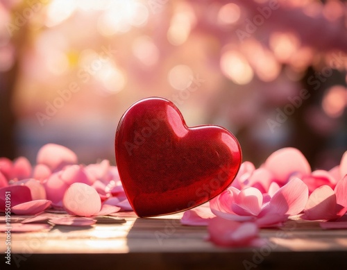 a red heart shaped object sits on a table amidst pink flower petals with a blurred background of pink flowers and a warm golden light evoking a sense of valentine s day