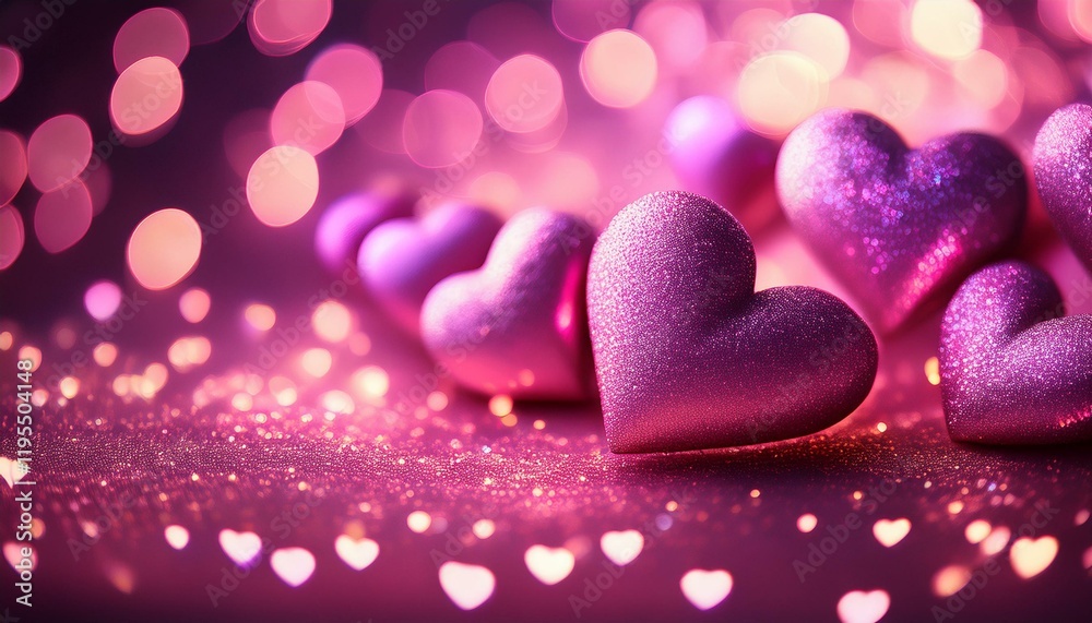 Fototapeta premium Glittery Hearts with Romantic Bokeh Glow, pink color, valentine card