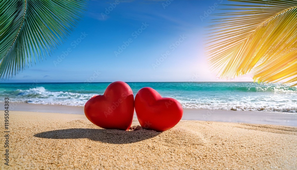 a serene beach scene on valentine s day featuring two red hearts in the sand surrounded by palm fronds and a blue green ocean with a warm golden light and a soft dreamy style a serene beach scene on valentine s day featuring two red hearts in the sand surrounded by palm fronds and a blue green ocean with a warm golden light and a soft dreamy style