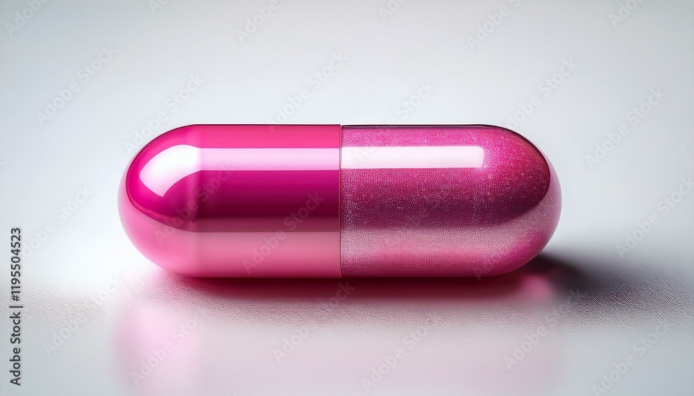 a single shiny pink capsule pill with a darker pink half and a lighter pink half resting on a white surface a single shiny pink capsule pill with a darker pink half and a lighter pink half resting on a white surface