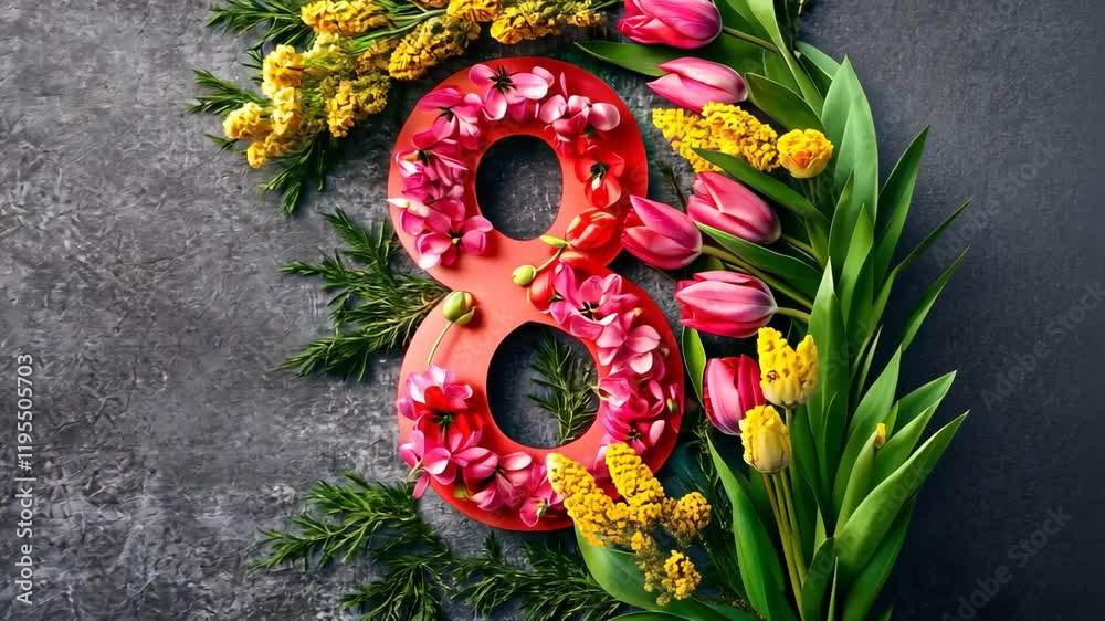 Vibrant floral arrangement shaping number 8 with colorful flowers on dark surface for international women's day march 8 celebration