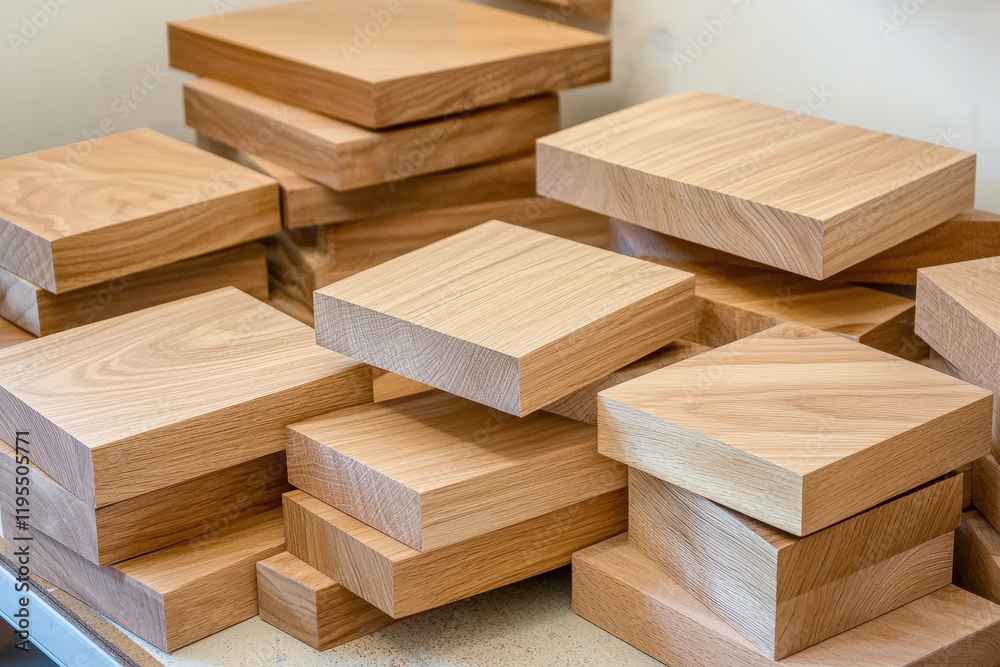 Wooden blocks stacked in workshop, showcasing various sizes and textures. natural grain and color of wood create warm, inviting atmosphere Wooden blocks stacked in workshop, showcasing various sizes and textures. natural grain and color of wood create warm, inviting atmosphere