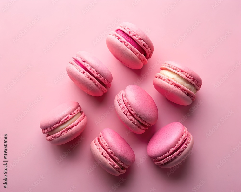 Fototapeta premium A beautiful assortment of pink macarons rests on a gentle pink background, showcasing their delicate textures and creamy filling. The treat invites indulgence with its playful charm