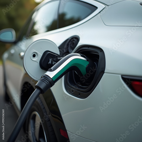 Close-up of electric car charging, eco-friendly transport concept.