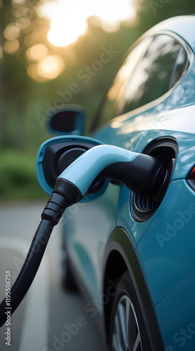 Close-up of electric car charging, eco-friendly transport concept.