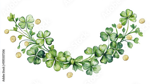 Delicate watercolor garland of lush green clovers and gold coins. Perfect for St. Patrick’s Day, lucky-themed designs, greeting cards, invitations, and festive decorations photo