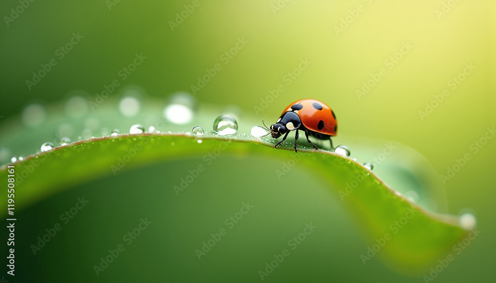 Ladybug on green leaf with water droplets Ladybug on green leaf with water droplets