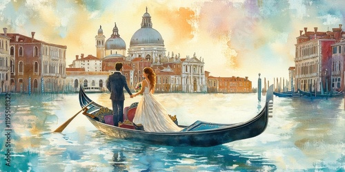 A couple dressed in elegant wedding attire enjoys a serene moment on a gondola gliding through the waters of Venice at sunset, surrounded by beautiful architecture