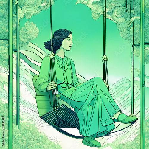 Sketch, by a single contouring light blue line, of a silhouette of a woman sitting on a swing in a green garden, art Deco style