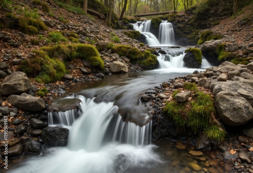 Waterfalls flowing over rocks and mossy ground with a fallen log bridge