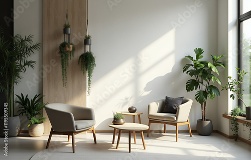 Interior de casa moderna e minimalista com plantas verdes e iluminação suave