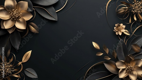 Elegant gold and black floral arrangement; dark background; greeting card design