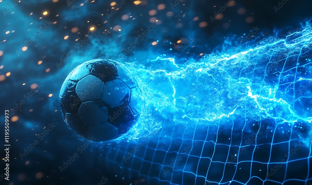 Fototapeta premium the soccer ball flying into the net with electric streaks of light and a glowing blue background
