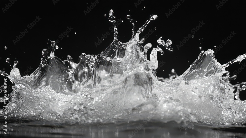 Elegant water splashes freeze in time, showcasing stunning dynamic forms on a rich black backdrop Elegant water splashes freeze in time, showcasing stunning dynamic forms on a rich black backdrop