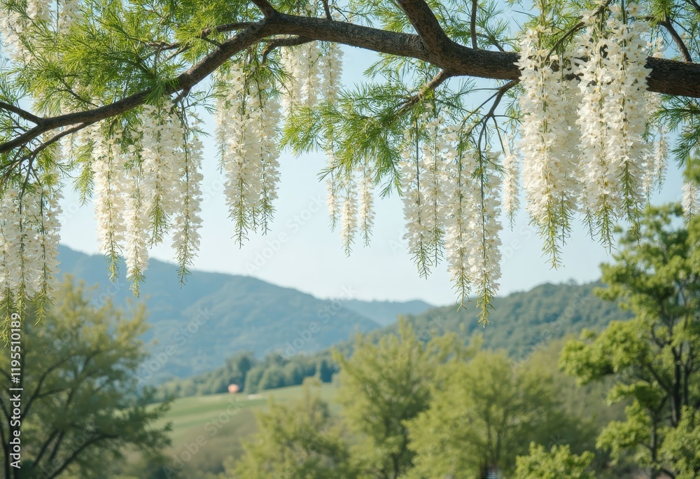 White flowers hanging from tree branch mountains in background White flowers hanging from tree branch mountains in background