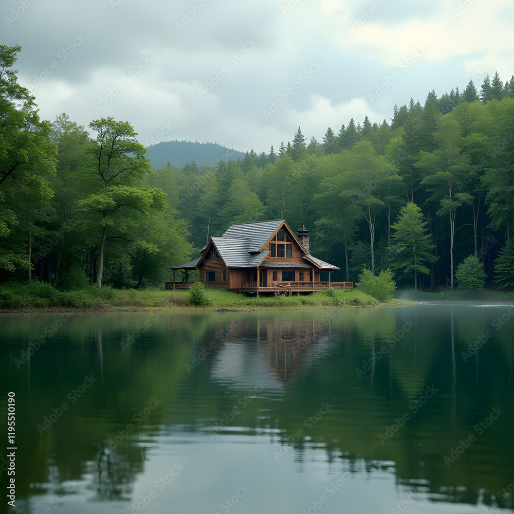 House in the forest near the lake against the background of green natural forest. Symbol of family, mortgage, real estate concept. Eco-friendly house. House in the forest near the lake against the background of green natural forest. Symbol of family, mortgage, real estate concept. Eco-friendly house.