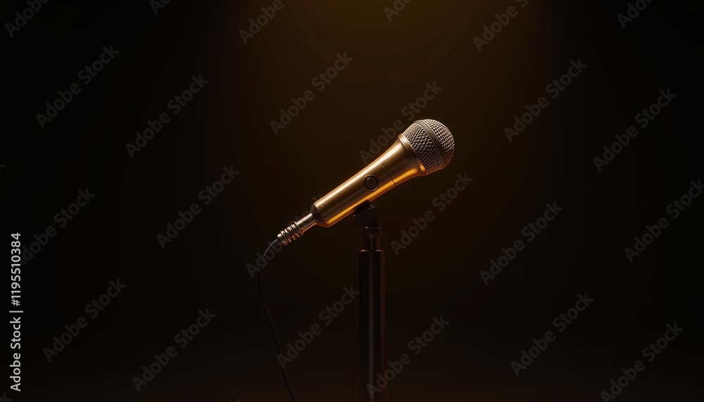 Obraz premium Golden microphone stands alone under soft spotlight in a darkened space