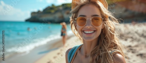 Happy friends having fun smilling and enjoying walk along beach