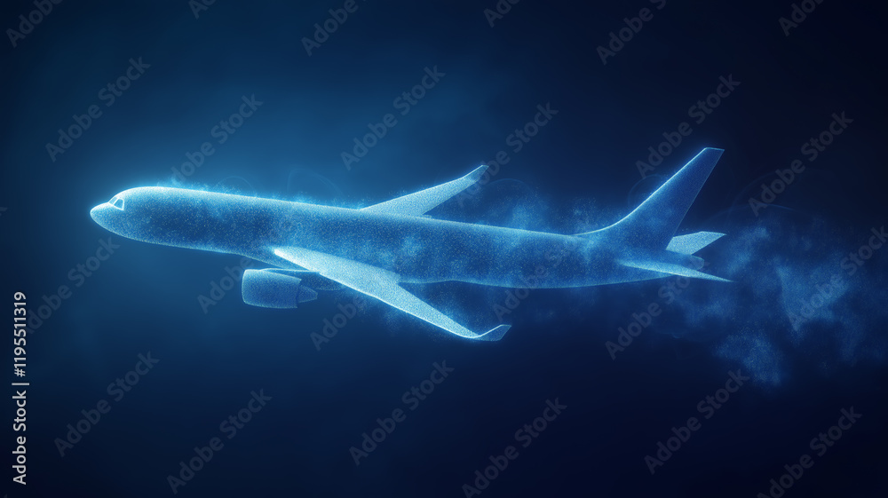 Naklejka premium A glowing holographic airplane made of digital particles flying in a dark blue gradient background, symbolizing futuristic aviation technology