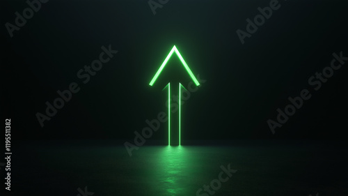 Minimalistic glowing green arrow pointing upward on a dark background, symbolizing progress, direction, and growth with ample copy space