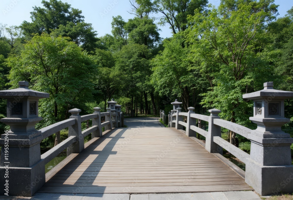 Wooden bridge with stone lanterns and green trees Wooden bridge with stone lanterns and green trees