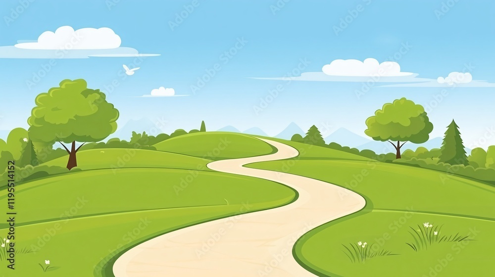 Fototapeta premium Serene Winding Road Through Green Hills Landscape Illustration