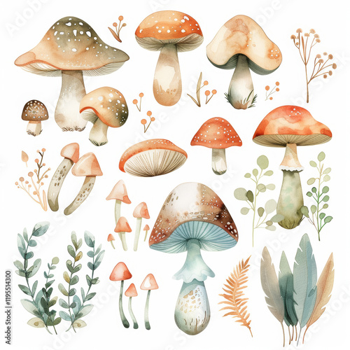 Watercolor Mushrooms and Botanical Illustrations with Soft Earth Tones