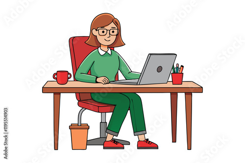 A woman sitting at a desk and working on a laptop vector art illustration.eps